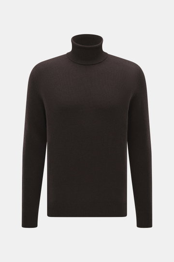 Malo Cashmere Turtleneck Sweater dark brown shown from front, pure cashmere, very soft touch, medium-fine knit, slim fit, ribbed cuffs, fitted turtleneck.