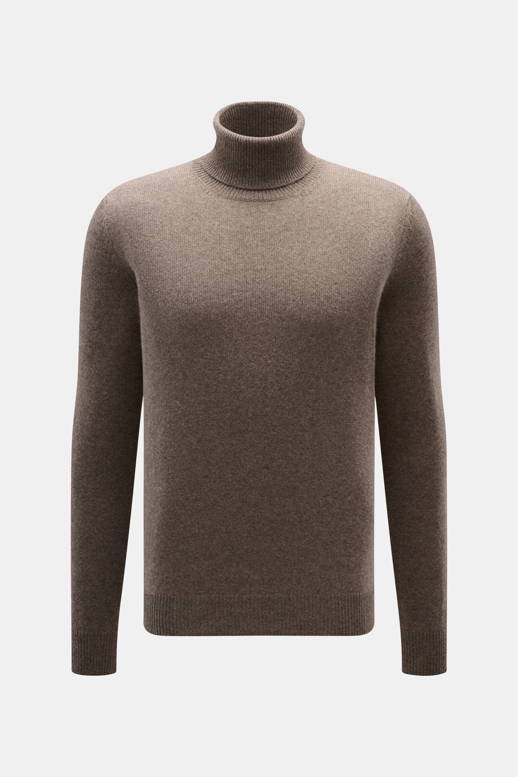 Malo Cashmere Turtleneck Sweater Grey-Brown Melange shown front view, pure cashmere, soft, slim fit, ribbed cuffs, medium-fine knit.