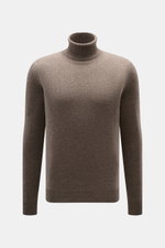 Malo Cashmere Turtleneck Sweater Grey-Brown Melange shown front view, pure cashmere, soft, slim fit, ribbed cuffs, medium-fine knit.