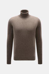 Malo Cashmere Turtleneck Sweater Grey-Brown Melange shown front view, pure cashmere, soft, slim fit, ribbed cuffs, medium-fine knit.