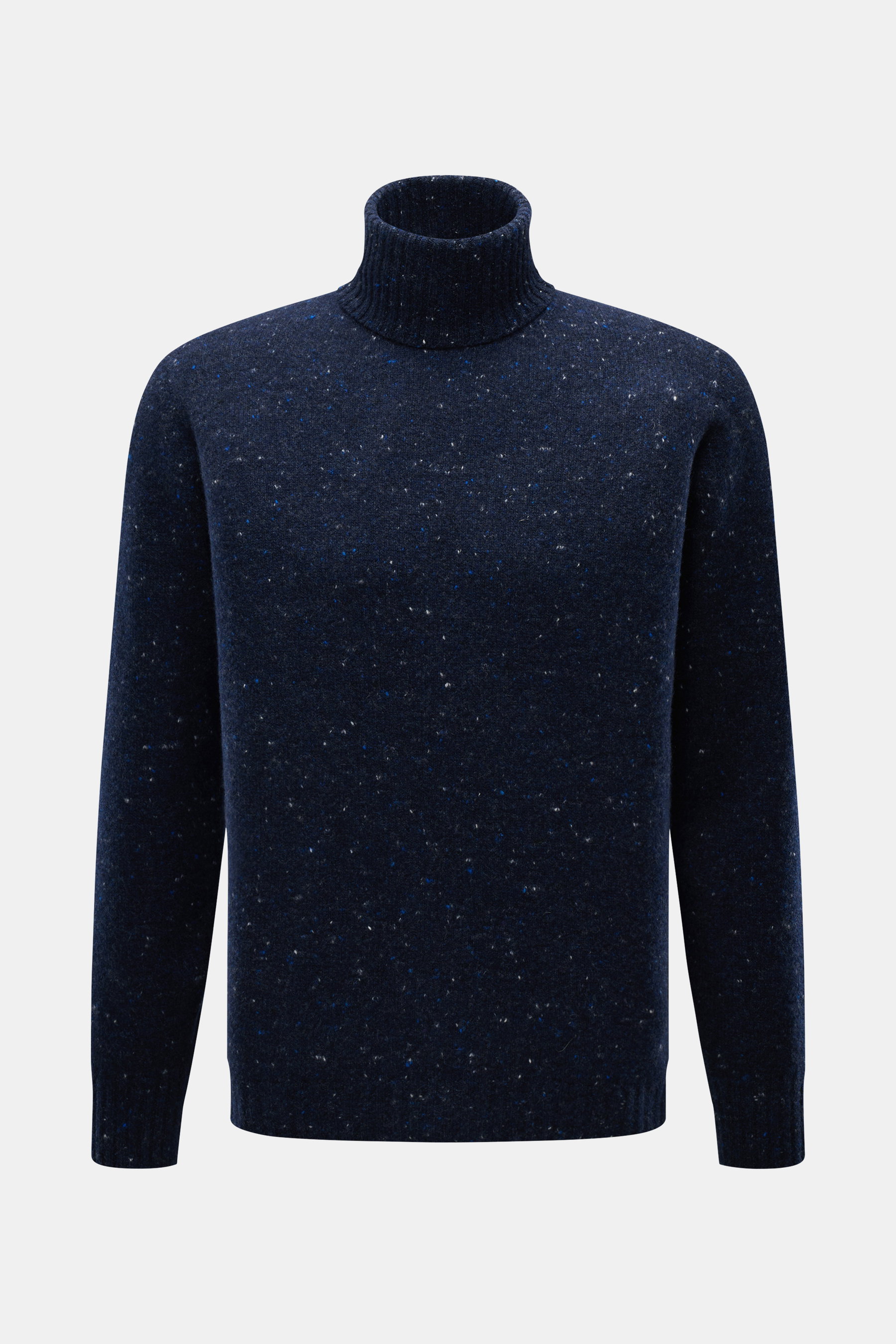Front view of Drumohr Turtleneck sweater navy melange in medium-fine knit with slim fit, ribbed cuffs, and ultra-soft blend of virgin wool, cashmere, microfiber.