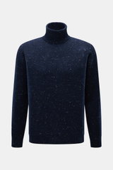 Drumohr Rollkragenpullover navy meliert, frontale Nahaufnahme, Luxus-Strickmix aus Schurwolle, Cashmere, Microfaser, Slim Fit, Rollkragen, weicher Griff, flexible Rippbündchen.