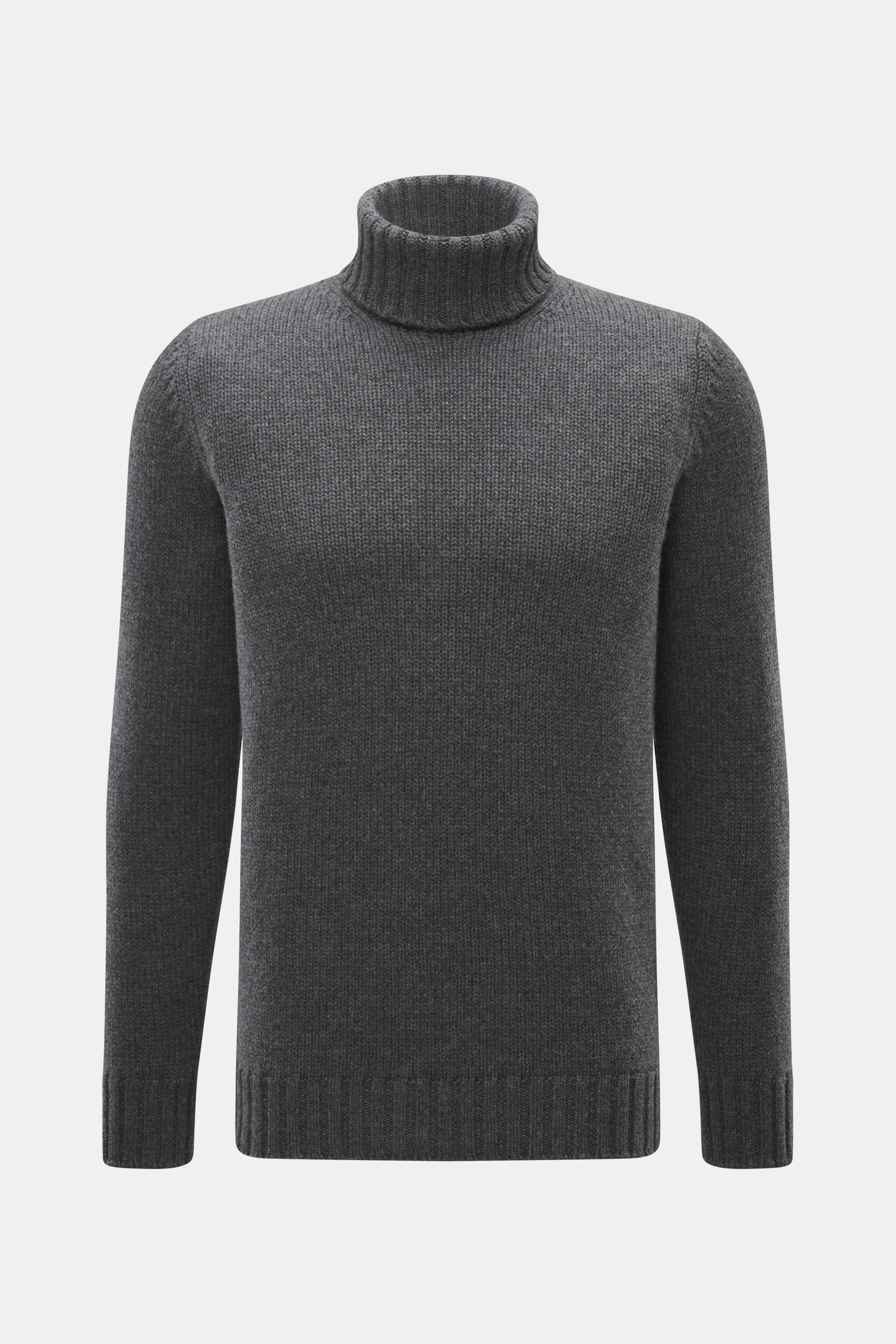 Drumohr Cashmere Rollkragenpullover dunkelgrau meliert, slim fit, mittelgrobes Strickbild, reiner Cashmere, weicher Griff, Rollkragen, flexible Rippbündchen, frontale Nahaufnahme.
