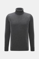 Drumohr Cashmere Rollkragenpullover dunkelgrau meliert, slim fit, mittelgrobes Strickbild, reiner Cashmere, weicher Griff, Rollkragen, flexible Rippbündchen, frontale Nahaufnahme.