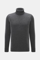 Drumohr Cashmere Rollkragenpullover dunkelgrau meliert, slim fit, mittelgrobes Strickbild, reiner Cashmere, weicher Griff, Rollkragen, flexible Rippbündchen, frontale Nahaufnahme.