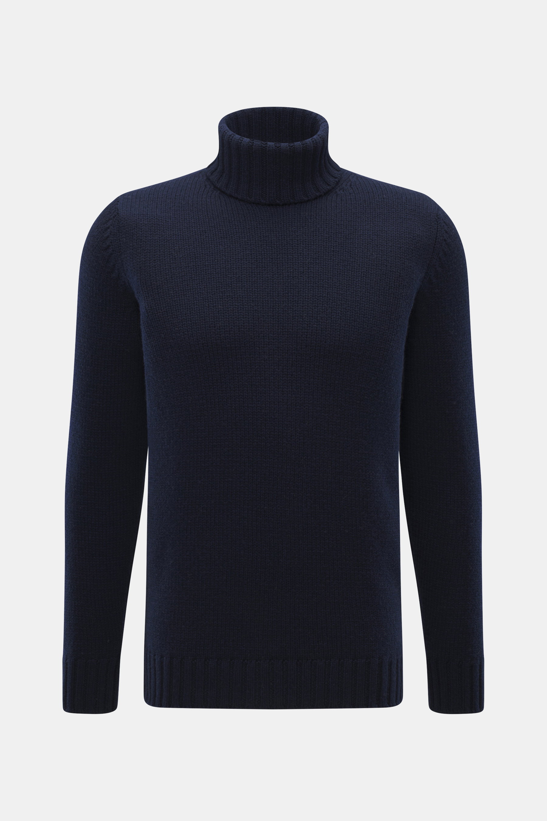 Drumohr Cashmere Rollkragenpullover navy, frontale Nahaufnahme, reiner Cashmere, sehr weicher Griff, mittelgrobes Strickbild, Slim Fit, Rollkragen, flexible Rippbündchen