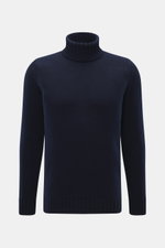 Drumohr Cashmere Rollkragenpullover navy, frontale Nahaufnahme, reiner Cashmere, sehr weicher Griff, mittelgrobes Strickbild, Slim Fit, Rollkragen, flexible Rippbündchen