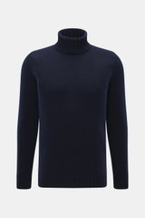 Drumohr Cashmere Rollkragenpullover navy, frontale Nahaufnahme, reiner Cashmere, sehr weicher Griff, mittelgrobes Strickbild, Slim Fit, Rollkragen, flexible Rippbündchen