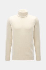 Drumohr Cashmere Rollkragenpullover creme, frontal fotografiert, reiner Cashmere, sehr weicher Griff, mittelgrobes Strickbild, Slim Fit, Rollkragen, flexible Rippbündchen.
