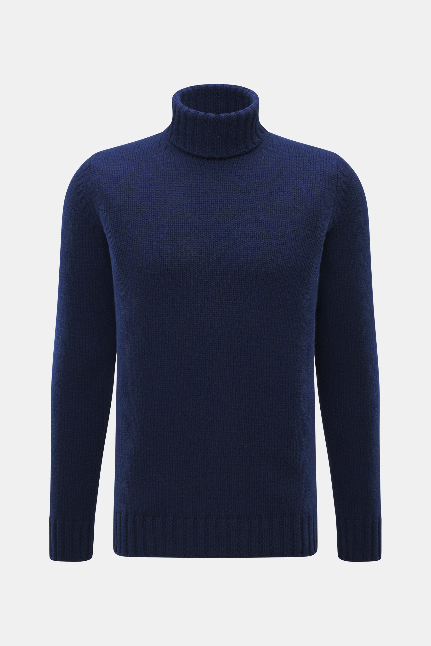 Drumohr Cashmere Rollkragenpullover dunkelblau, frontal fotografiert, reiner Cashmere, sehr weicher Griff, mittelgrobes Strickbild, Slim Fit, Rollkragen, flexible Rippbündchen.