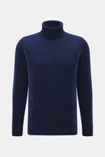 Drumohr Cashmere Rollkragenpullover dunkelblau, frontal fotografiert, reiner Cashmere, sehr weicher Griff, mittelgrobes Strickbild, Slim Fit, Rollkragen, flexible Rippbündchen.