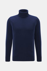 Drumohr Cashmere Rollkragenpullover dunkelblau, frontal fotografiert, reiner Cashmere, sehr weicher Griff, mittelgrobes Strickbild, Slim Fit, Rollkragen, flexible Rippbündchen.