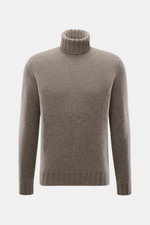 Front view of Fioroni Cashmere Rundhalspullover grau meliert turtleneck sweater, pure cashmere, very soft feel, medium-fine knit, slim fit, flexible ribbed cuffs. Souveräne Eleganz in ihrer luxuriösesten Form: Der Rollkragenpullover von FIORONI aus erlese