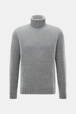 Front view of Fioroni Cashmere Rundhalspullover dunkelgrau meliert, a slim fit, mid-fine knit, dark grey melange turtleneck sweater with flexible ribbed cuffs made of pure, soft cashmere. Souveräne Eleganz in ihrer luxuriösesten Form: Der Rollkragenpullov