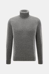 Front view of Fioroni Cashmere Rundhalspullover dunkelgrau meliert, a dark grey marl turtleneck sweater made of pure cashmere, featuring a very soft touch, medium-fine knit, slim fit, ribbed turtleneck, and flexible rib cuffs.

<p>Souveräne Eleganz in i