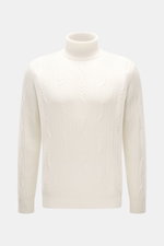 Front view of Fioroni Cashmere Turtleneck Sweater Cream in pure cashmere with cable knit pattern, slim fit, soft touch, and ribbed cuffs.