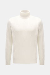 Front view of Fioroni Cashmere Turtleneck Sweater Cream in pure cashmere with cable knit pattern, slim fit, soft touch, and ribbed cuffs.