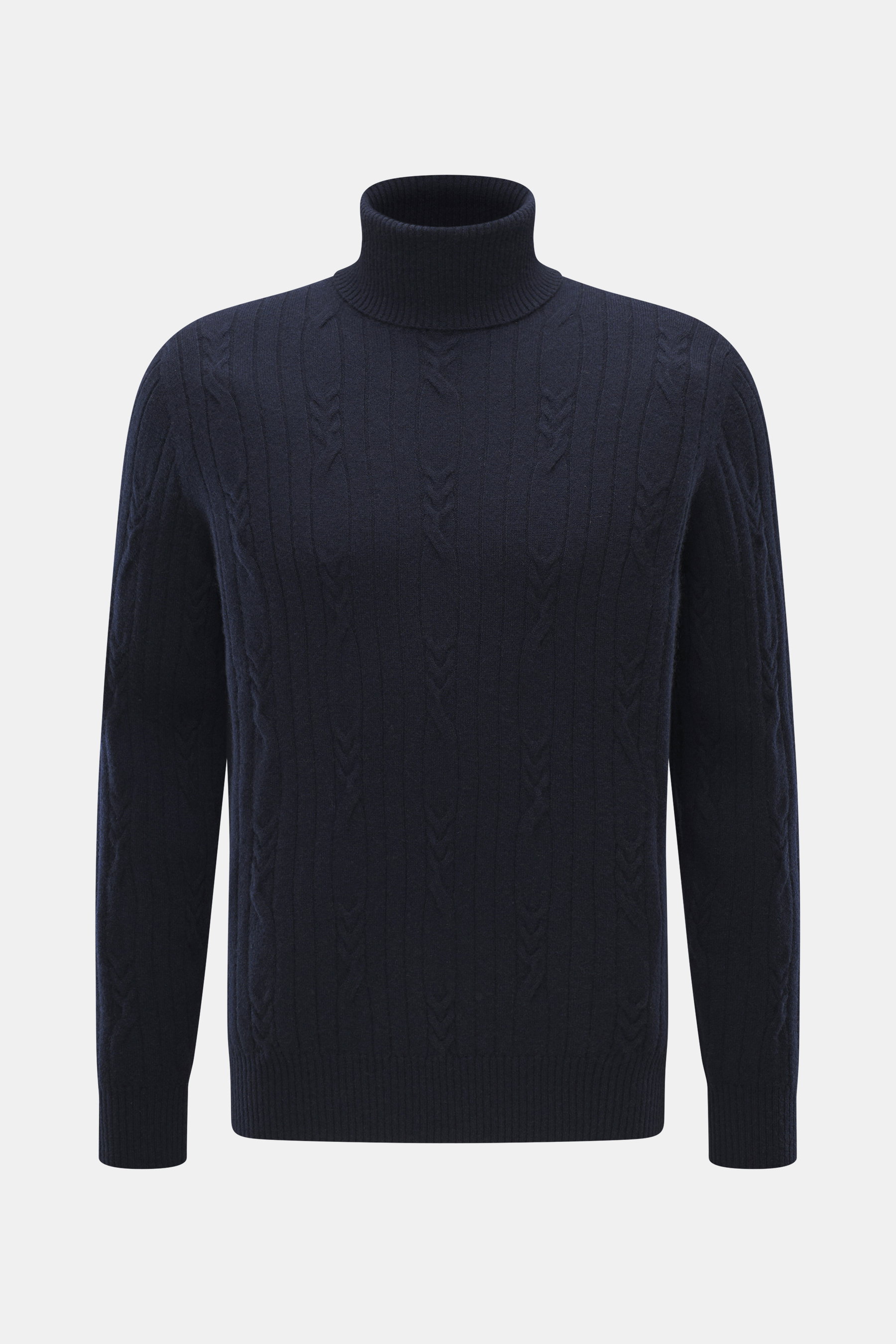 Fioroni Cashmere Rollkragenpullover navy in Slim Fit, Zopfstrickmuster, weicher Griff, reiner Cashmere, flexible Rippbündchen, frontal fotografiert.