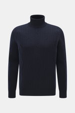 Front view of Fioroni Cashmere turtleneck sweater navy in pure cashmere with cable knit, slim fit, soft touch, and ribbed cuffs.