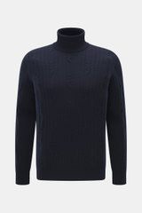 Front view of Fioroni Cashmere turtleneck sweater navy in pure cashmere with cable knit, slim fit, soft touch, and ribbed cuffs.