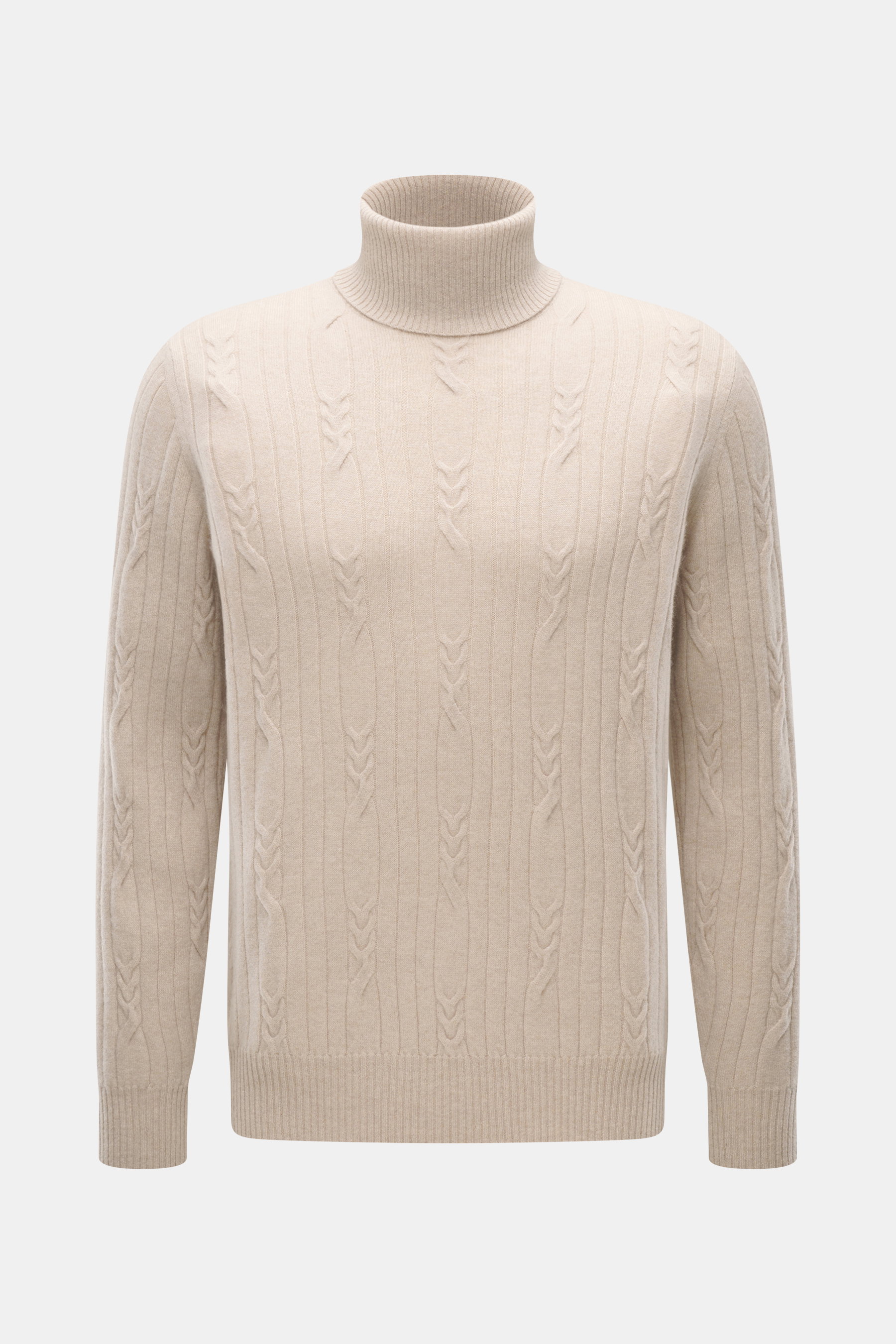 Fioroni Cashmere Rollkragenpullover beige, Slim Fit mit Zopfstrickmuster, weicher Griff, flexiblen Rippbündchen, frontal fotografiert.
