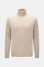 Front view of Fioroni Cashmere Turtleneck Sweater beige featuring pure cashmere, soft touch, cable knit pattern, fine knit texture, slim fit, turtleneck, and ribbed cuffs.