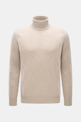 Front view of Fioroni Cashmere Turtleneck Sweater beige featuring pure cashmere, soft touch, cable knit pattern, fine knit texture, slim fit, turtleneck, and ribbed cuffs.