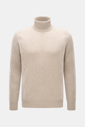 Fioroni Cashmere Rollkragenpullover beige, Slim Fit mit Zopfstrickmuster, weicher Griff, flexiblen Rippbündchen, frontal fotografiert.