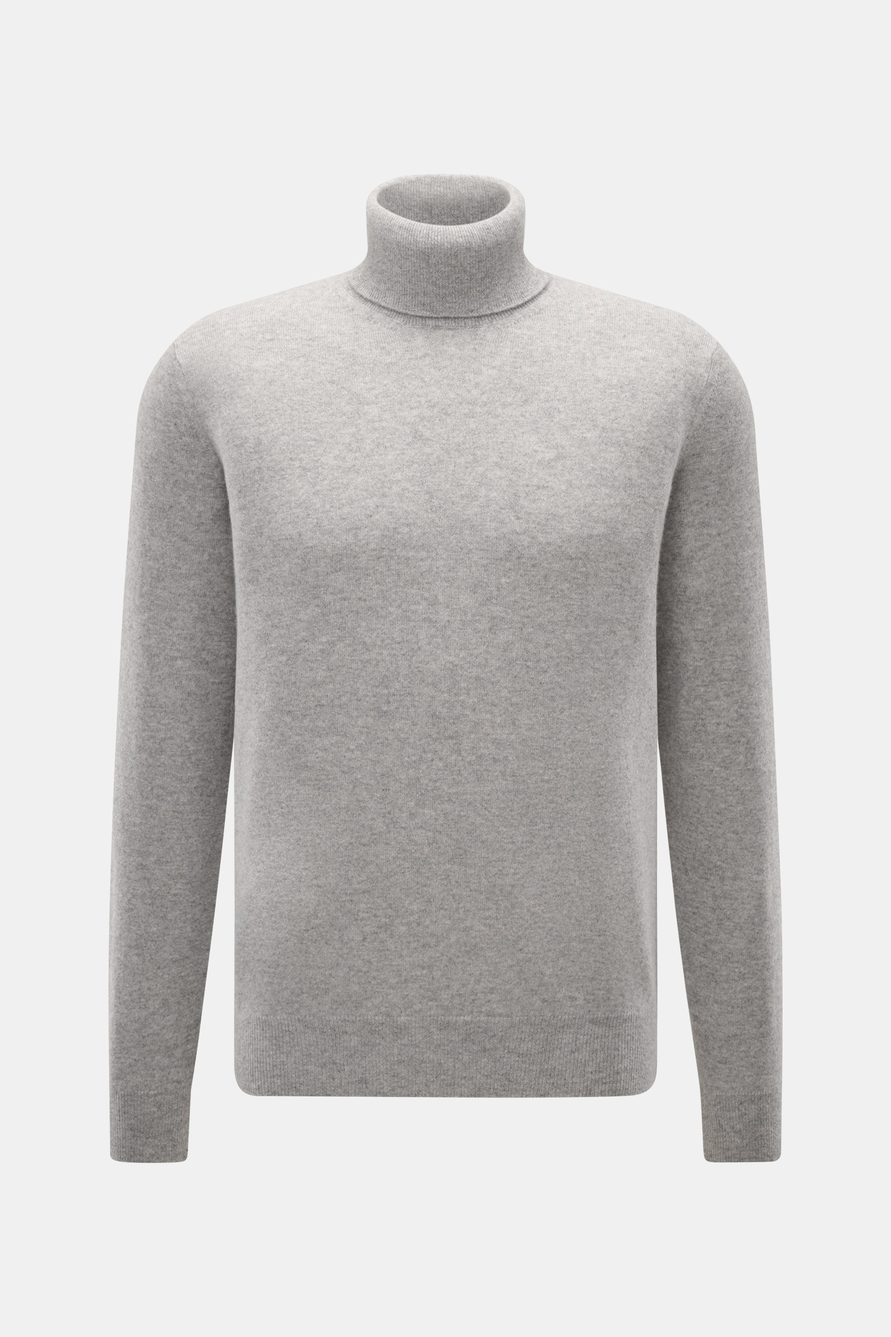 Fioroni Cashmere Rollkragenpullover grau meliert, frontale Nahaufnahme, reiner Cashmere, weicher Griff, feines Strickbild, Regular Fit, anliegender Rollkragen, flexible Rippbündchen.