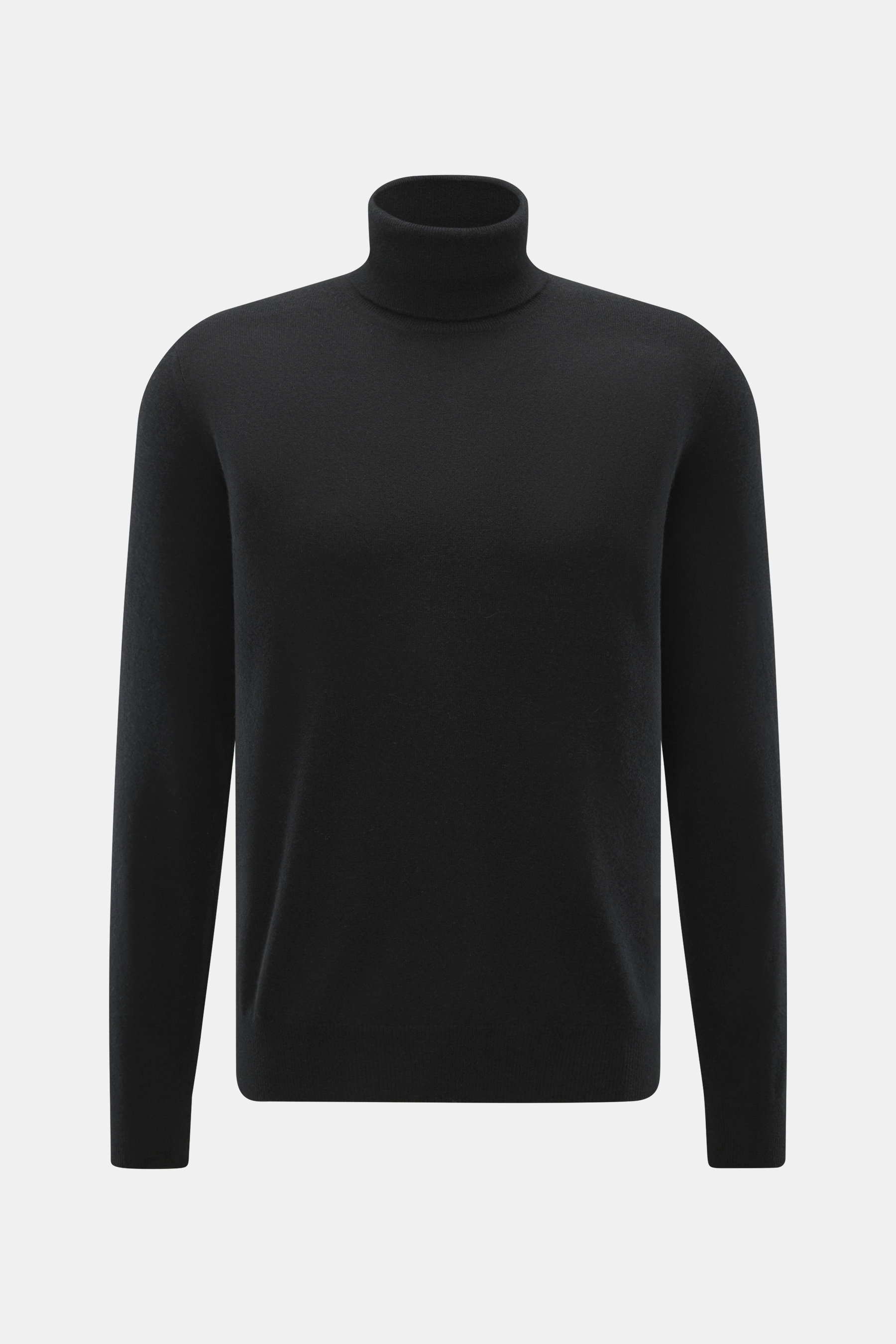 Fioroni Cashmere Rollkragenpullover schwarz, Frontansicht, Regular Fit, reiner Baby-Cashmere, weicher Griff, feines Strickbild, anliegender Rollkragen, flexible Rippbündchen, italienische Handwerkskunst.