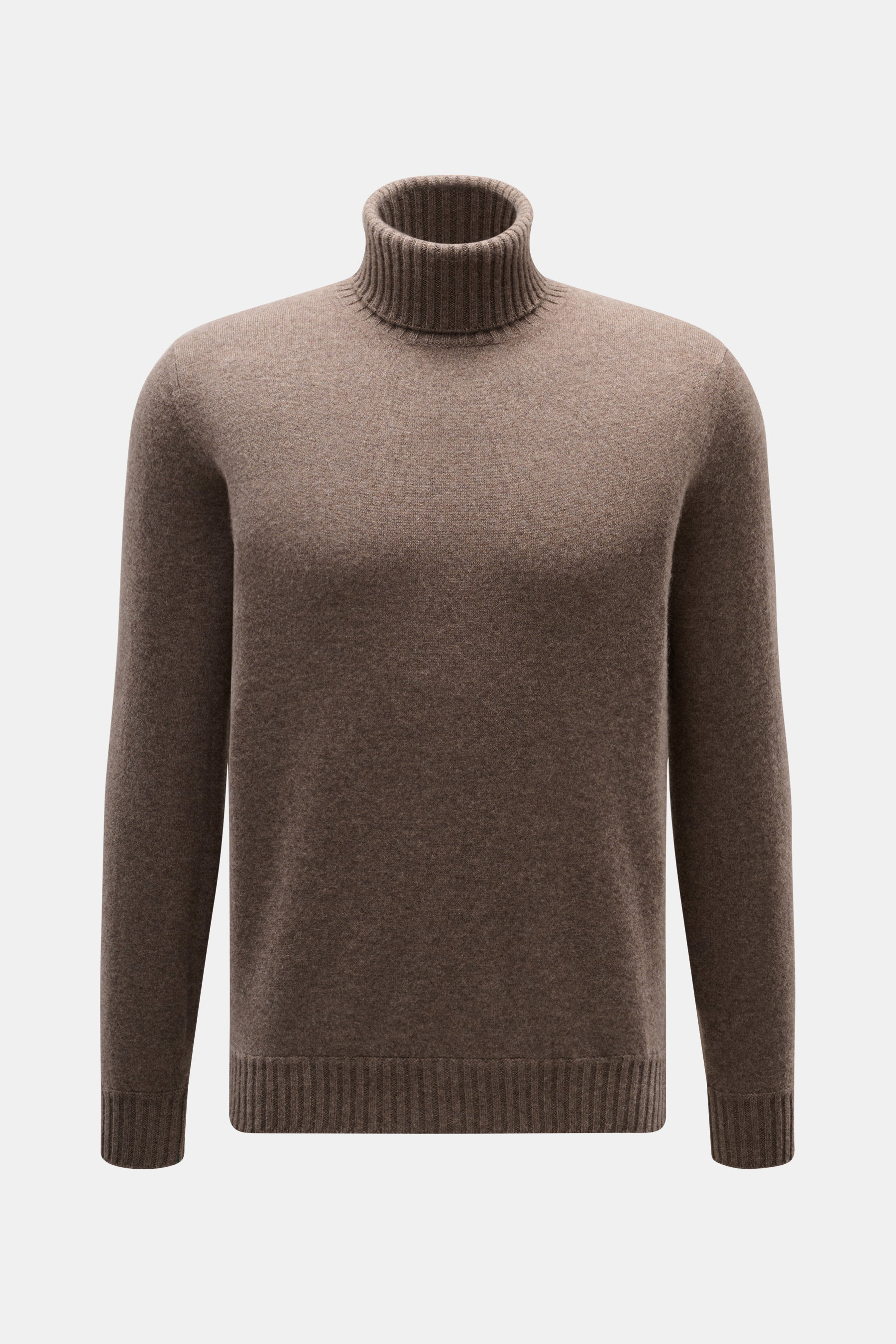 Front view of Fioroni Cashmere Turtleneck Sweater 'Duvet' grey brown mélange, pure cashmere, slim fit, ribbed turtleneck and cuffs, fine knit, very soft feel.