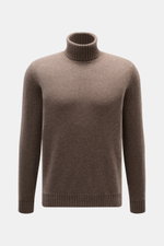 Front view of Fioroni Cashmere Turtleneck Sweater 'Duvet' grey brown mélange, pure cashmere, slim fit, ribbed turtleneck and cuffs, fine knit, very soft feel.