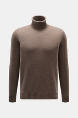 Front view of Fioroni Cashmere Turtleneck Sweater 'Duvet' grey brown mélange, pure cashmere, slim fit, ribbed turtleneck and cuffs, fine knit, very soft feel.