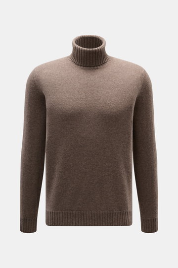 Front view of Fioroni Cashmere Turtleneck Sweater 'Duvet' grey brown mélange, pure cashmere, slim fit, ribbed turtleneck and cuffs, fine knit, very soft feel.