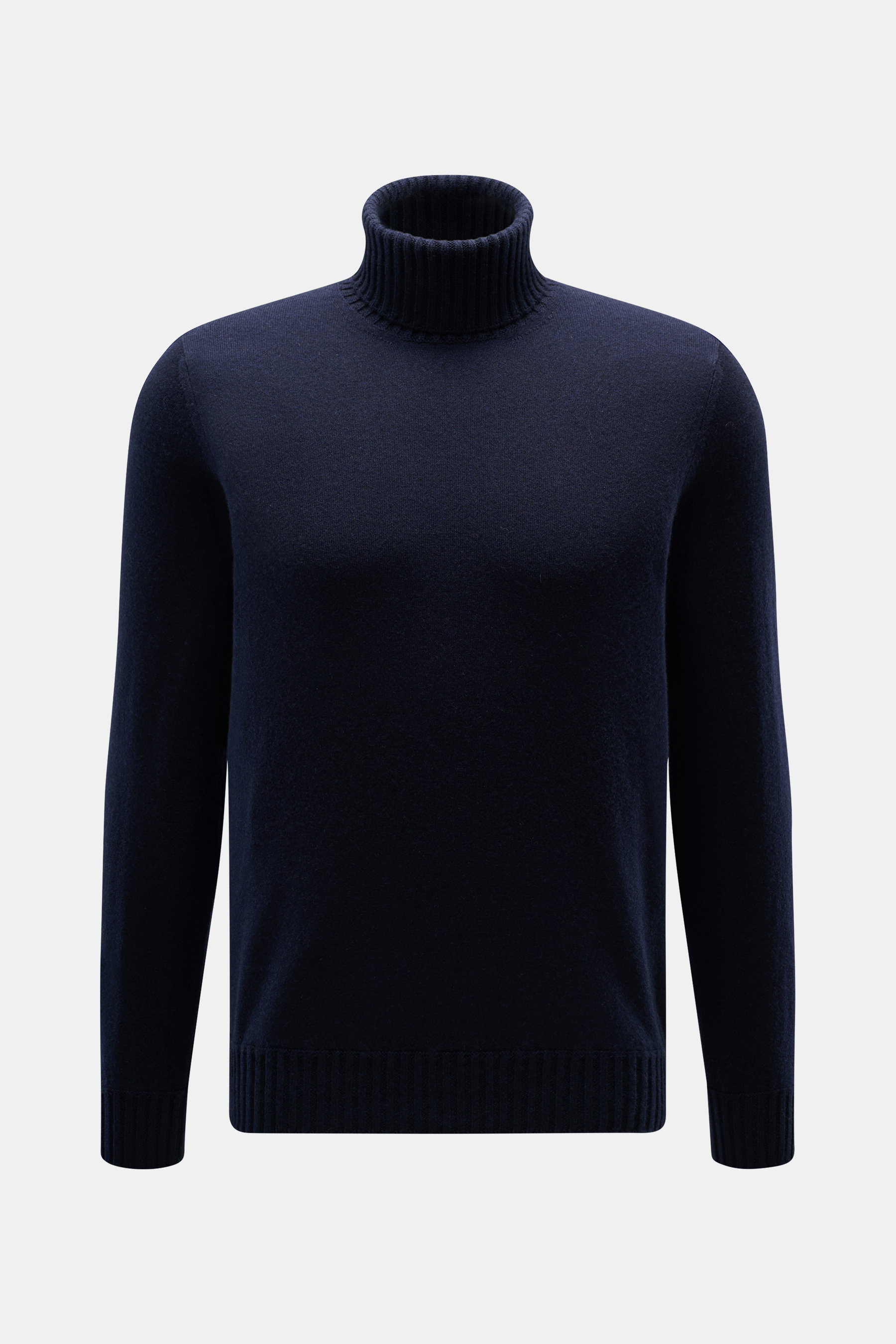 Front view of Fioroni Cashmere Turtleneck Sweater 'Duvet' navy, pure cashmere, slim fit, ribbed turtleneck, cuffs, fine knit pattern, very soft feel.
