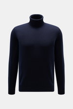 Front view of Fioroni Cashmere Turtleneck Sweater 'Duvet' navy, pure cashmere, slim fit, ribbed turtleneck, cuffs, fine knit pattern, very soft feel.