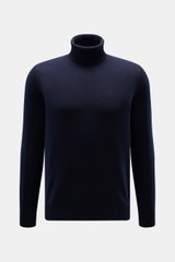Front view of Fioroni Cashmere Turtleneck Sweater 'Duvet' navy, pure cashmere, slim fit, ribbed turtleneck, cuffs, fine knit pattern, very soft feel.