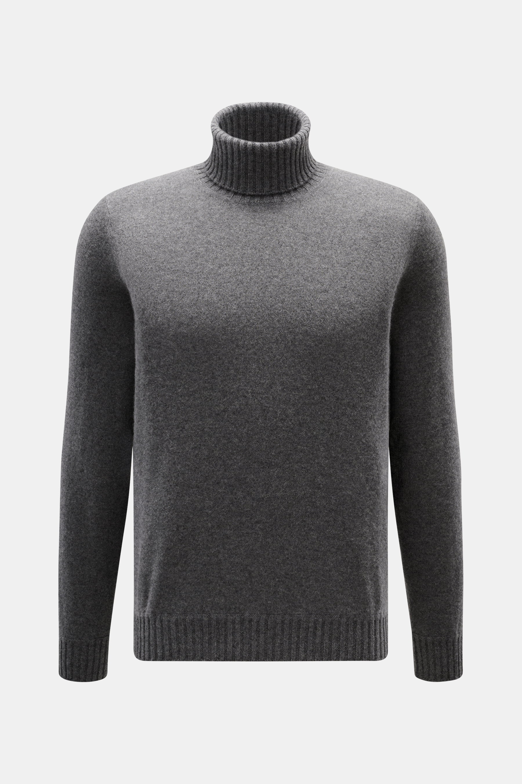 Front view of Fioroni Cashmere Turtleneck Sweater 'Duvet' dark grey mélange, pure cashmere, slim fit, ribbed turtleneck and cuffs, soft fine knit.