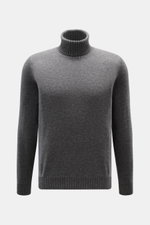 Front view of Fioroni Cashmere Turtleneck Sweater 'Duvet' dark grey mélange, pure cashmere, slim fit, ribbed turtleneck and cuffs, soft fine knit.