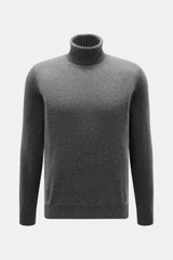 Front view of Fioroni Cashmere Turtleneck Sweater 'Duvet' dark grey mélange, pure cashmere, slim fit, ribbed turtleneck and cuffs, soft fine knit.