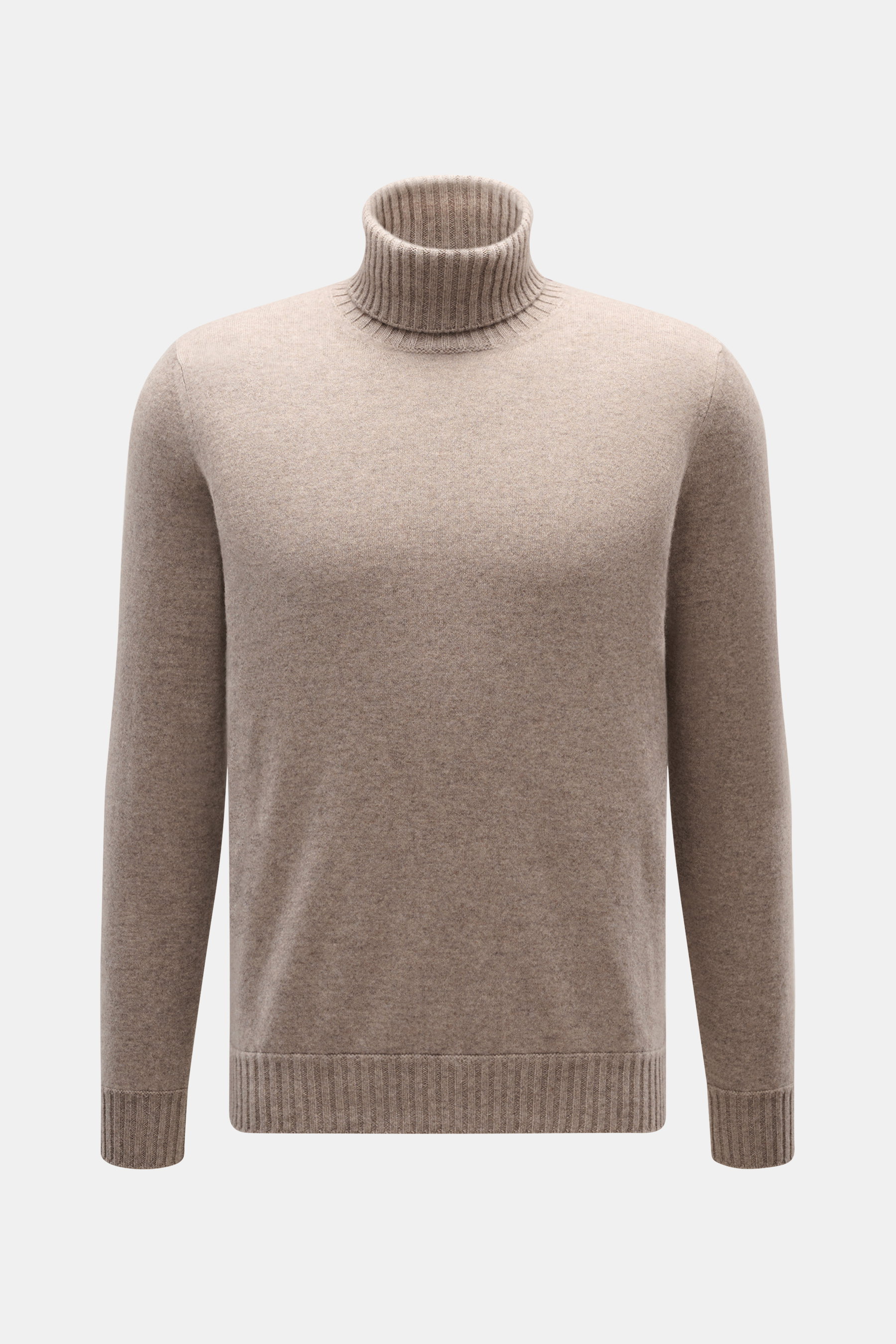 Front view of Fioroni Cashmere Turtleneck Sweater 'Duvet' taupe mélange, pure cashmere, fine knit, slim fit, ribbed turtleneck and cuffs, very soft feel.