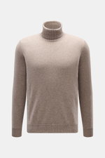 Front view of Fioroni Cashmere Turtleneck Sweater 'Duvet' taupe mélange, pure cashmere, fine knit, slim fit, ribbed turtleneck and cuffs, very soft feel.