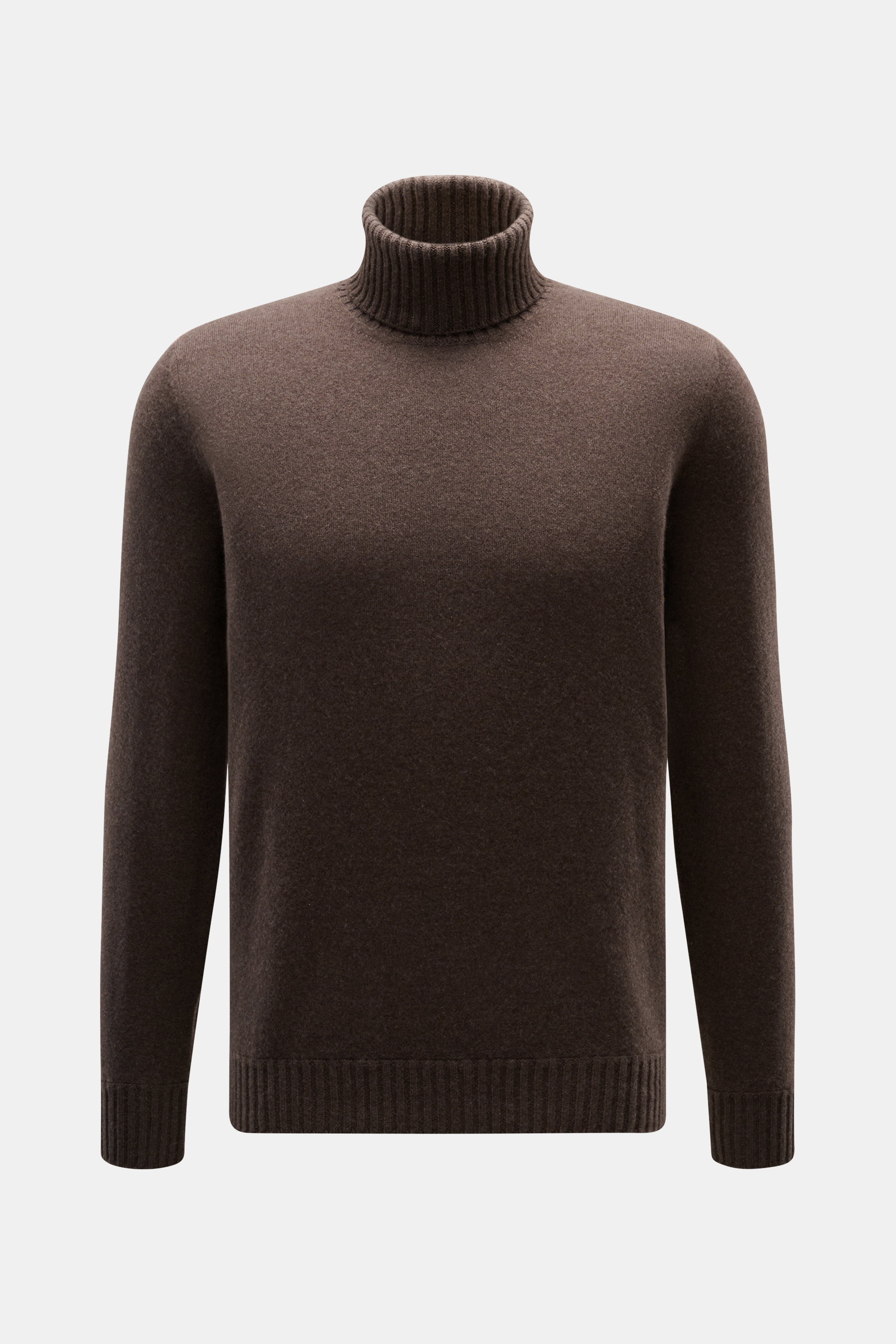 Fioroni Cashmere Turtleneck Sweater 'Duvet' dark brown mélange shown from front, slim fit with ribbed turtleneck, cuffs, and hem. Luxurious warmth with an Italian touch: The turtleneck sweater by FIORONI is made from finest cashmere in the exclusive 'Duve