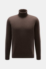 Fioroni Cashmere Turtleneck Sweater 'Duvet' dark brown mélange shown from front, slim fit with ribbed turtleneck, cuffs, and hem. Luxurious warmth with an Italian touch: The turtleneck sweater by FIORONI is made from finest cashmere in the exclusive 'Duve