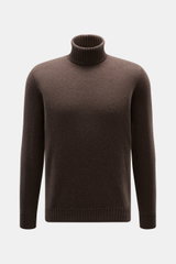 Fioroni Cashmere Turtleneck Sweater 'Duvet' dark brown mélange shown from front, slim fit with ribbed turtleneck, cuffs, and hem. Luxurious warmth with an Italian touch: The turtleneck sweater by FIORONI is made from finest cashmere in the exclusive 'Duve