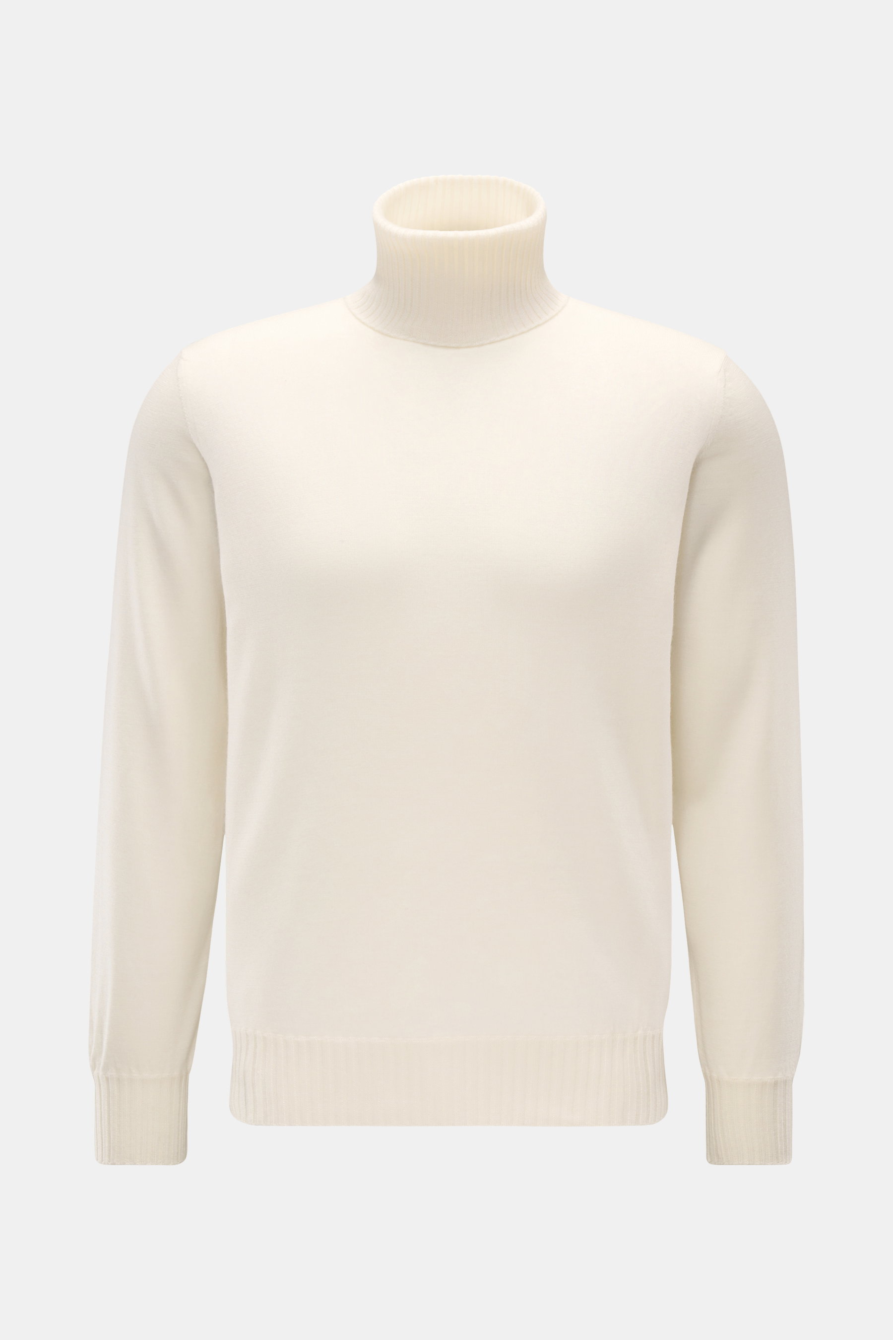 Fioroni Cashmere Rollkragenpullover 'Duvet' creme, frontal fotografiert, Slim Fit, reiner Cashmere, weicher Griff, feines Strickbild, Rippstrick Rollkragen und Bündchen.