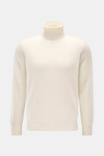 Fioroni Cashmere Rollkragenpullover 'Duvet' creme, frontal fotografiert, Slim Fit, reiner Cashmere, weicher Griff, feines Strickbild, Rippstrick Rollkragen und Bündchen.