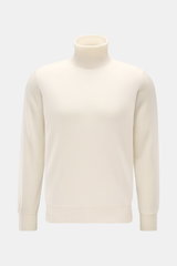 Fioroni Cashmere Rollkragenpullover 'Duvet' creme, frontal fotografiert, Slim Fit, reiner Cashmere, weicher Griff, feines Strickbild, Rippstrick Rollkragen und Bündchen.