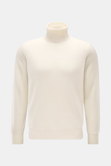 Fioroni Cashmere Rollkragenpullover 'Duvet' creme, frontal fotografiert, Slim Fit, reiner Cashmere, weicher Griff, feines Strickbild, Rippstrick Rollkragen und Bündchen.