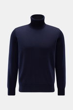 Fioroni Cashmere Rollkragenpullover 'Duvet' navy, frontale Nahaufnahme, Slim Fit, reiner Cashmere, weicher Griff, feines Strickbild, Rippstrick-Rollkragen, flexible Bündchen.